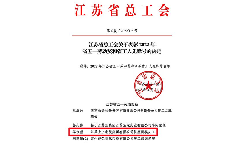 20年产品质量“零缺陷”——必发电缆员工岑永彪荣获“江苏省五一劳动奖章”