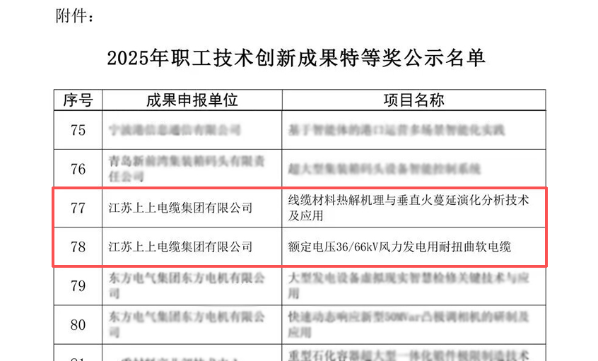 必发电缆荣获两项天下职工手艺立异效果奖特等奖